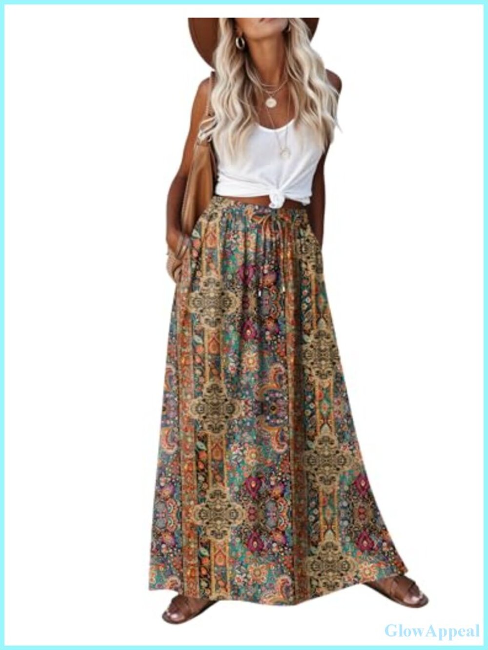 Boho Floral Maxi Skirt High Waist A-Line Long Skirt with Pockets